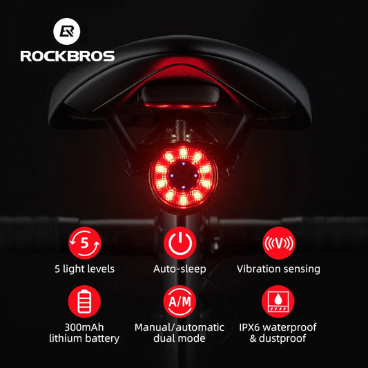 ROCKBROS Fiets Smart Achterlicht Q1MAX 5 Verlichtingsstanden Waterdicht Rem Sensor Smart Achterlicht Type-C Oplaadfiets Accessoires